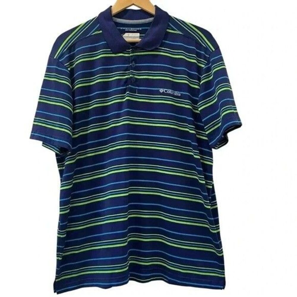 Columbia Men’s Blue and Green Striped Short Sleeve Polo Size Large
